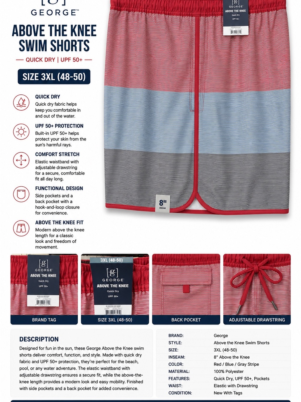 George Red, Light Blue and Gray Striped Swim Shorts